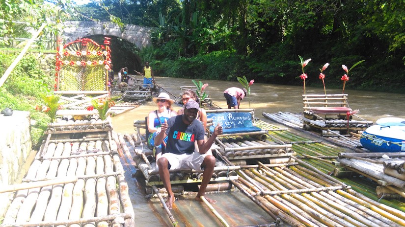 Captain Noel ready to pilot Noreen and Emma downriver Noreen and Emma ready to push off on Captain Noel's Bamboo raft on the Great River in Jamaica