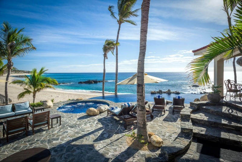 View of the outdoor pool area and the pool, overlooking the 